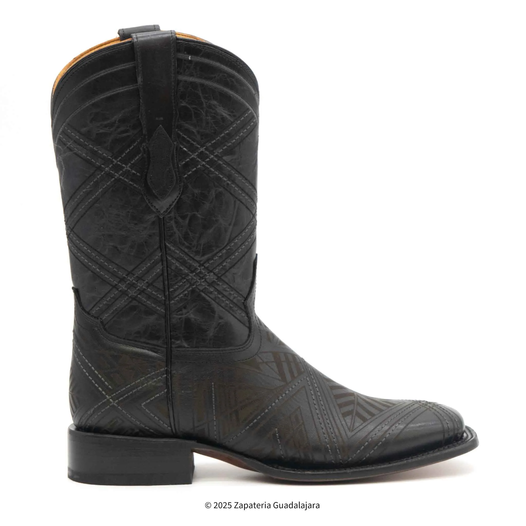 MEN'S WIDE SQUARE TOE LASER ENGRAVED BLACK LEATHER BOOT - H52R2605