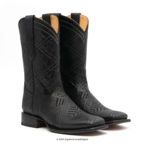 MEN'S WIDE SQUARE TOE LASER ENGRAVED BLACK LEATHER BOOT - H52R2605
