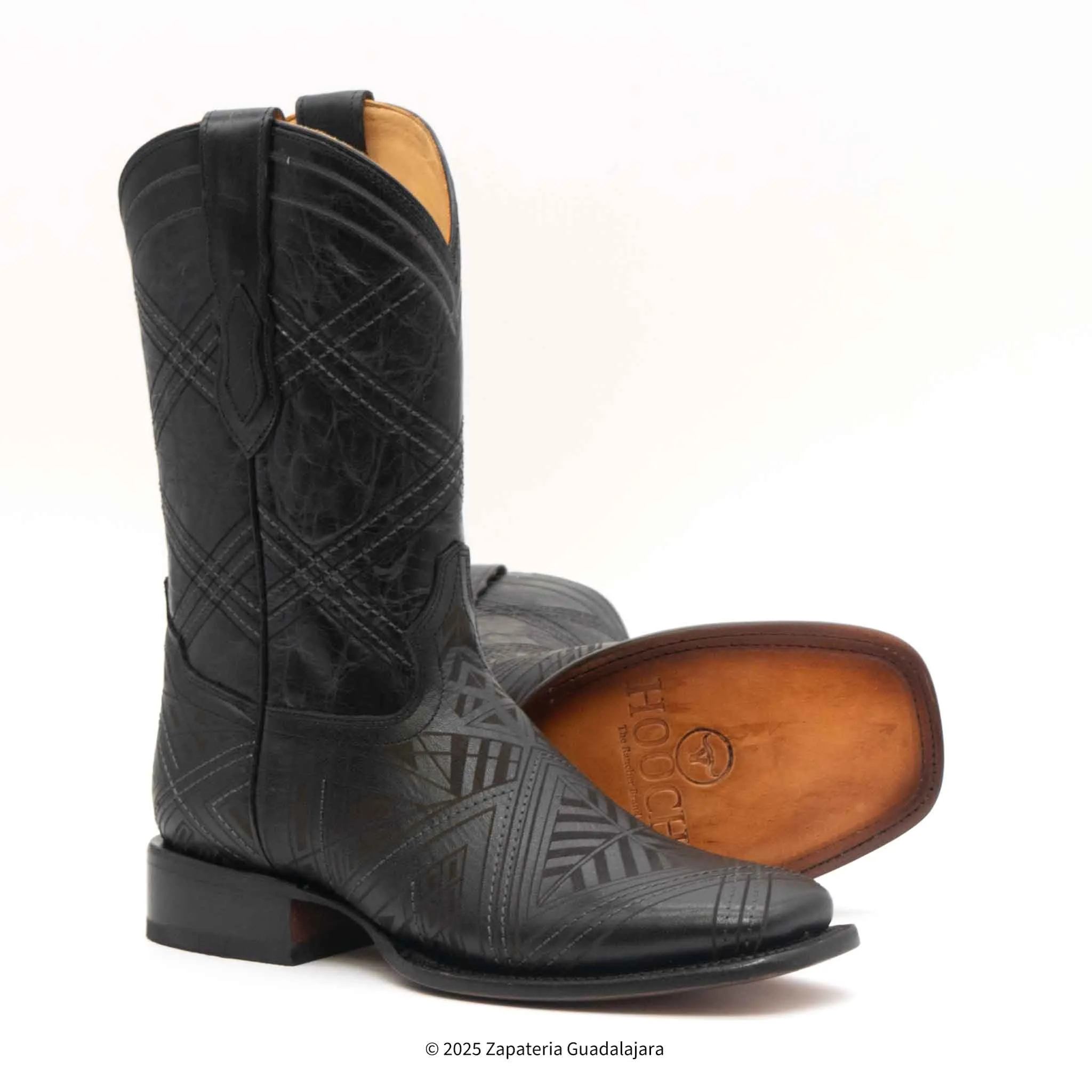 MEN'S WIDE SQUARE TOE LASER ENGRAVED BLACK LEATHER BOOT - H52R2605