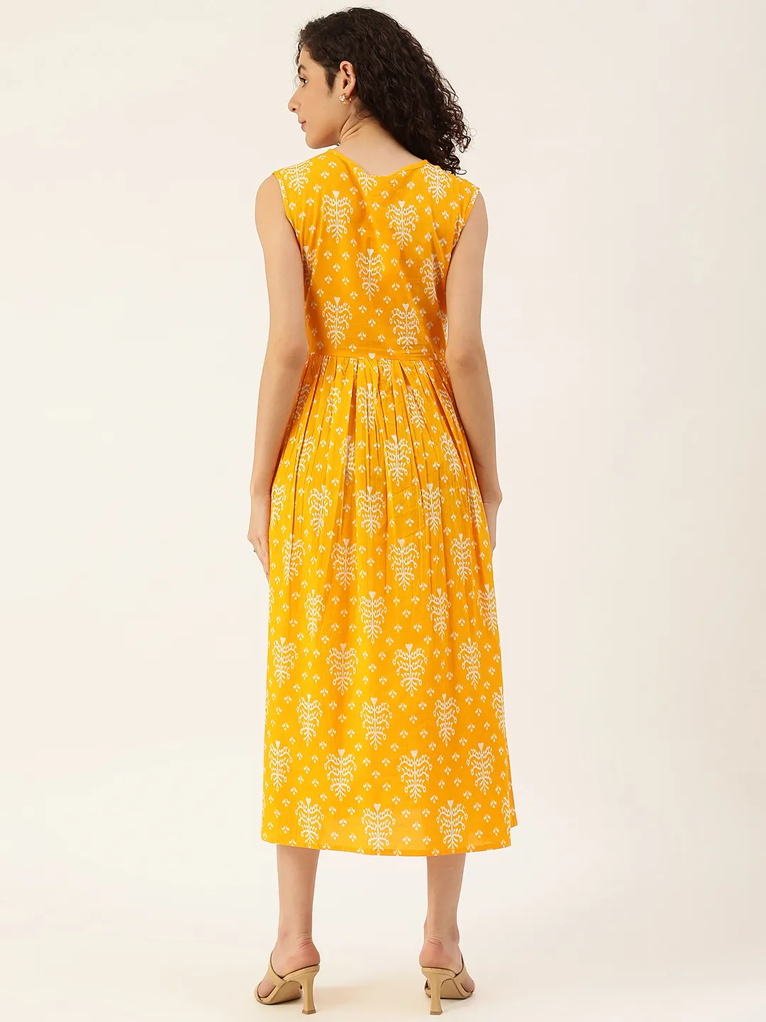 Pure Cotton Ethnic Motifs Orange A-Line Midi Dress