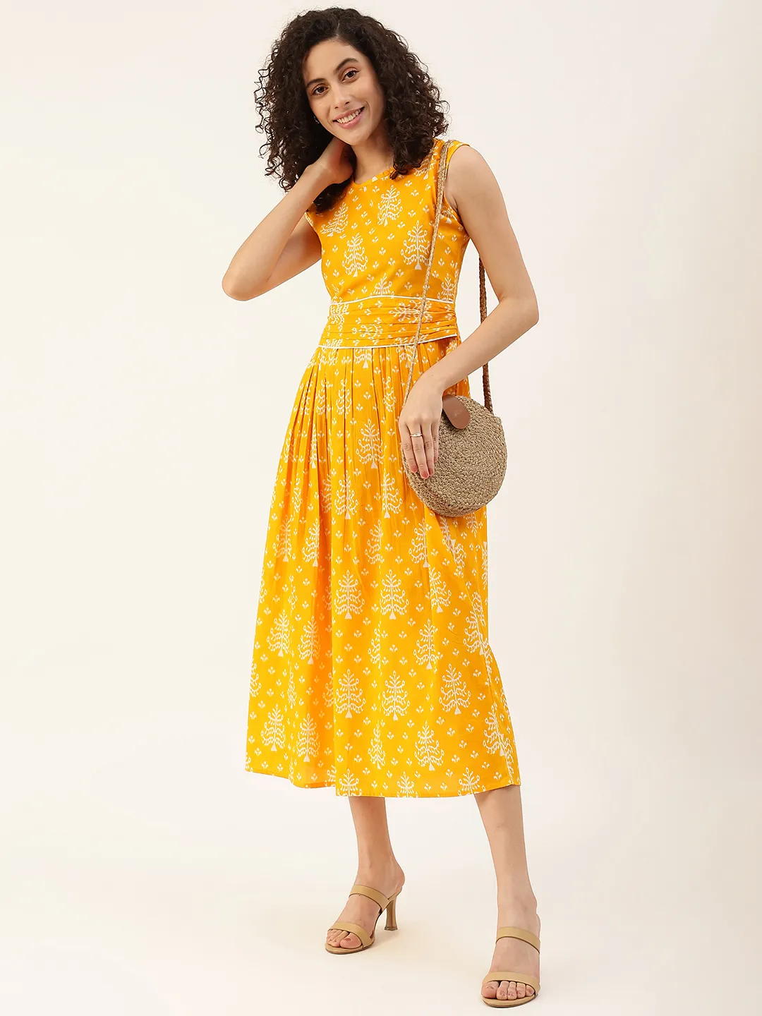 Pure Cotton Ethnic Motifs Orange A-Line Midi Dress
