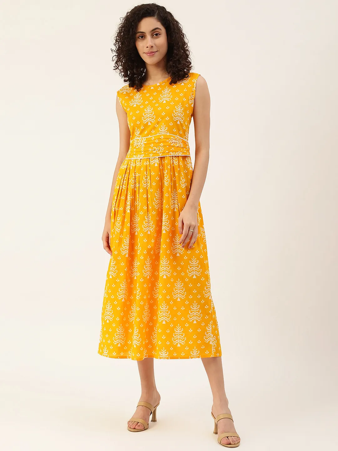 Pure Cotton Ethnic Motifs Orange A-Line Midi Dress