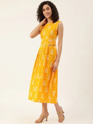 Pure Cotton Ethnic Motifs Orange A-Line Midi Dress