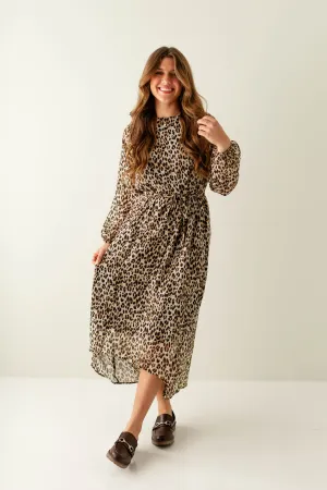 'Rhomi' Leopard Print High-Low Chiffon Dress in Beige FINAL SALE