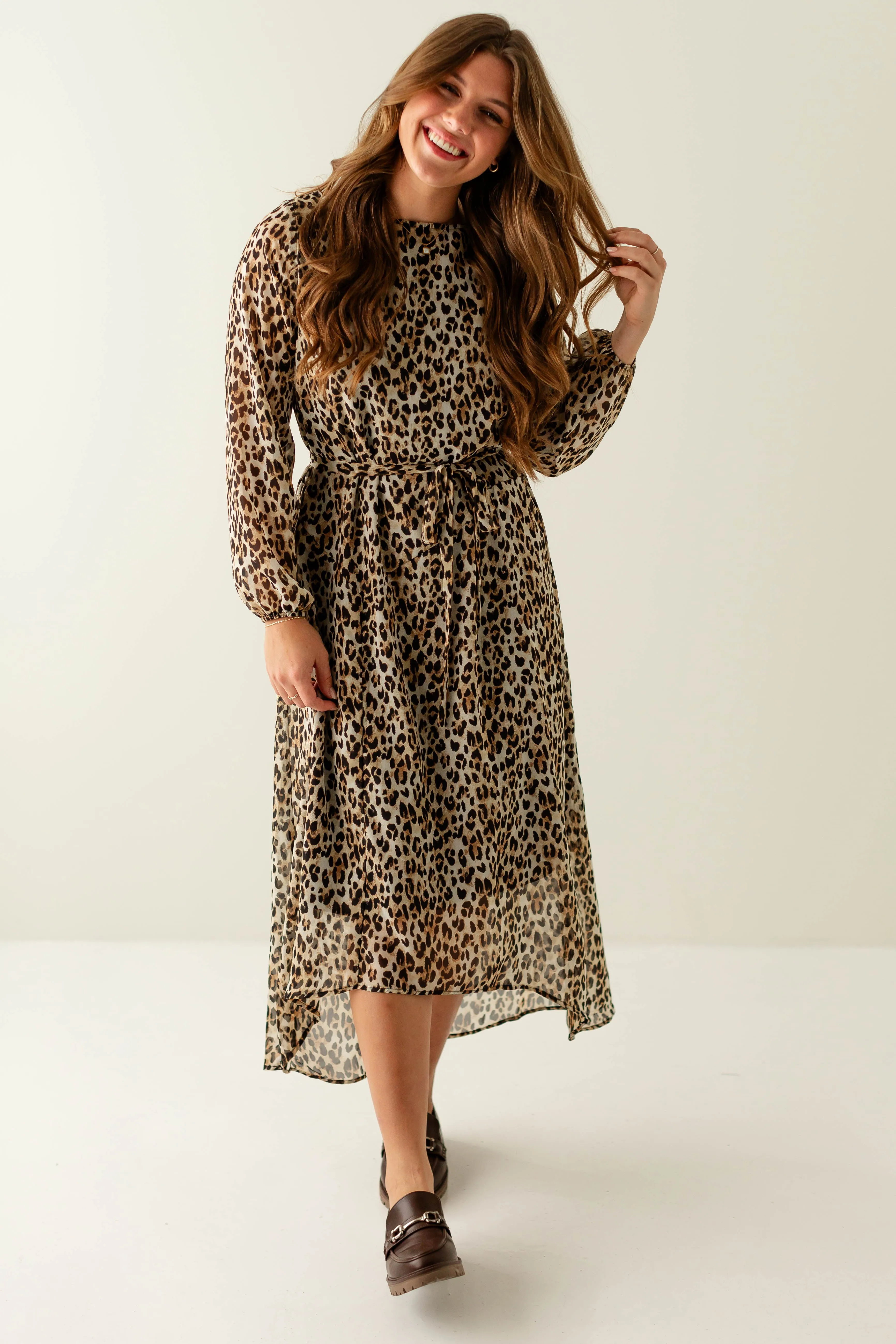 'Rhomi' Leopard Print High-Low Chiffon Dress in Beige FINAL SALE