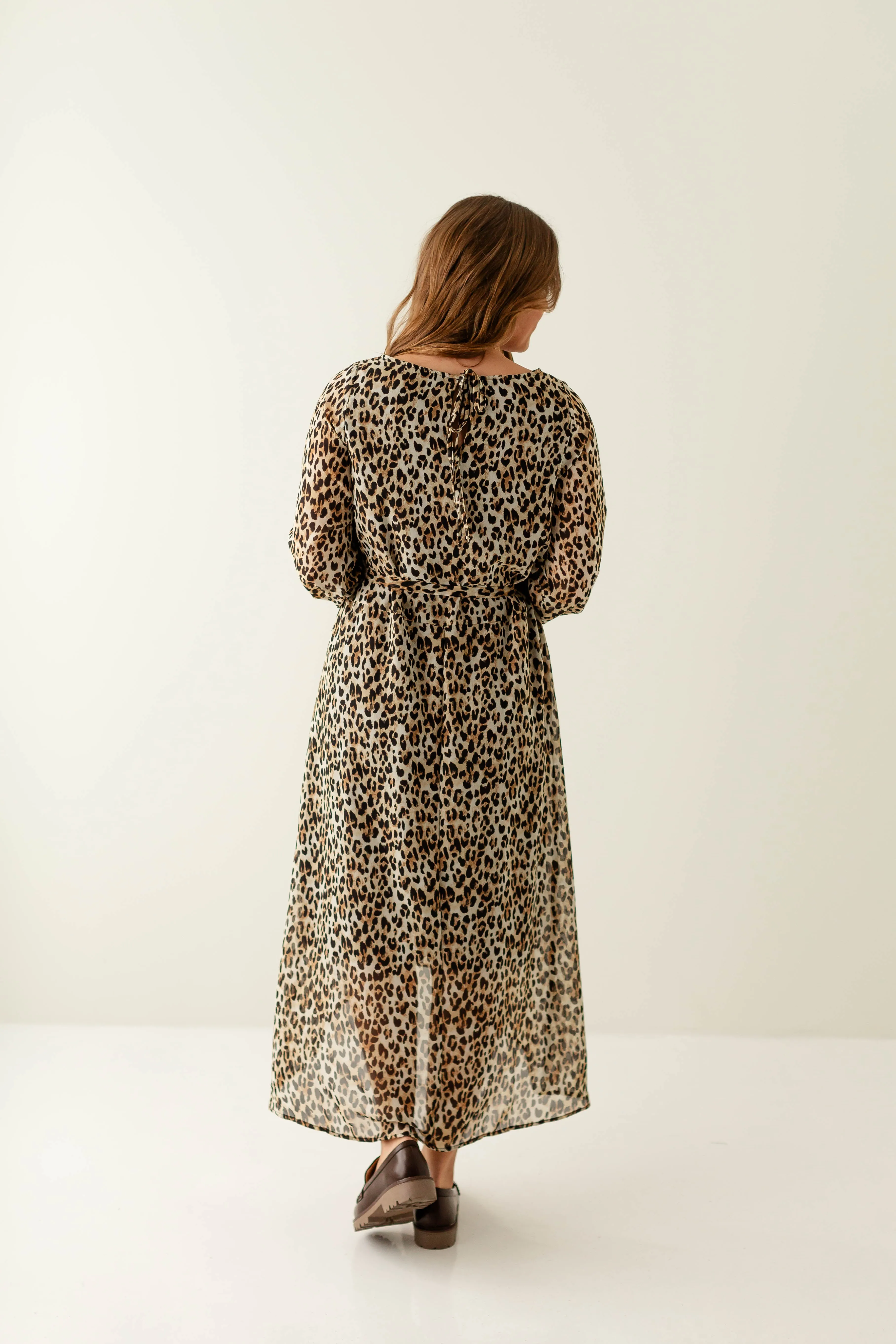'Rhomi' Leopard Print High-Low Chiffon Dress in Beige FINAL SALE