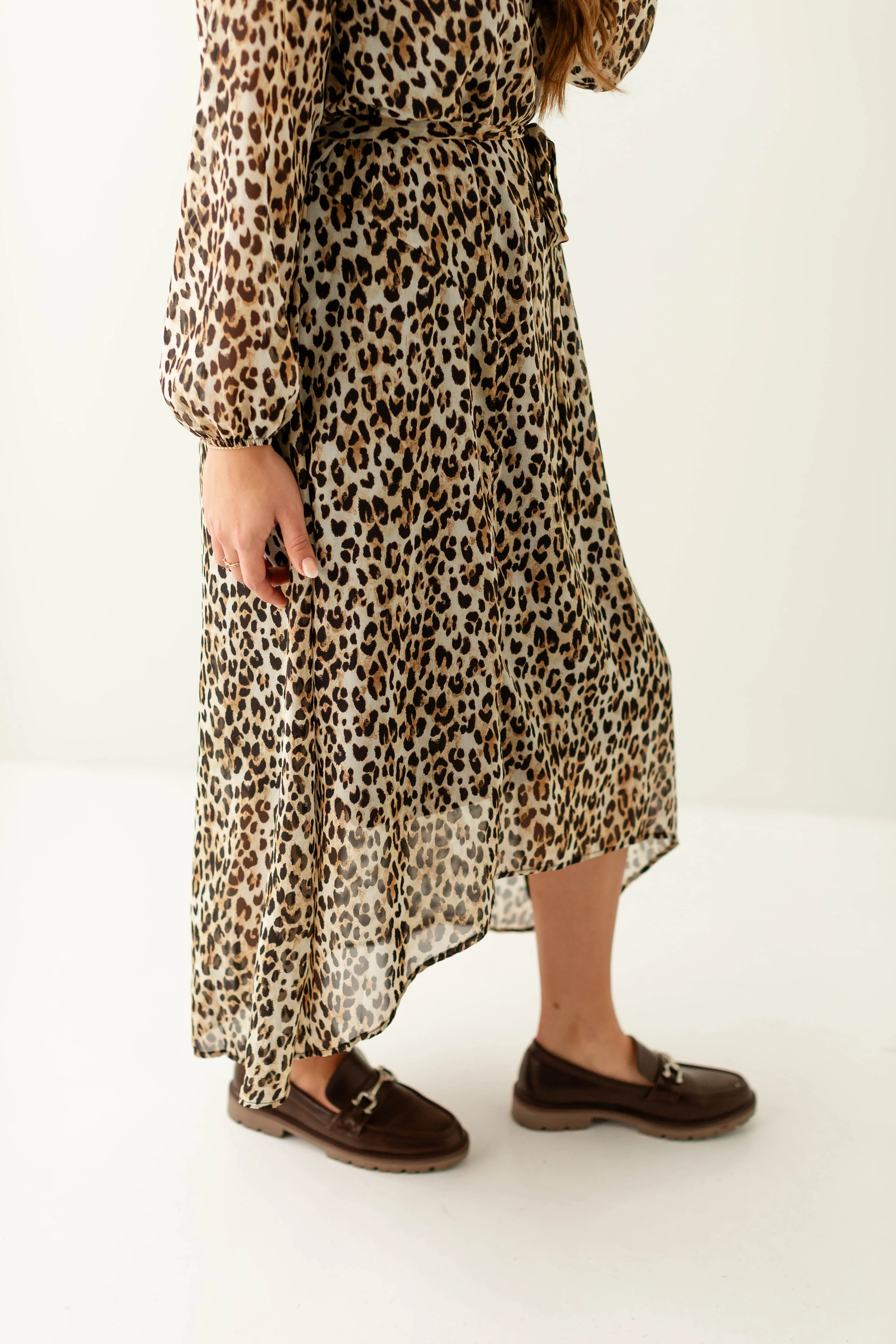'Rhomi' Leopard Print High-Low Chiffon Dress in Beige FINAL SALE
