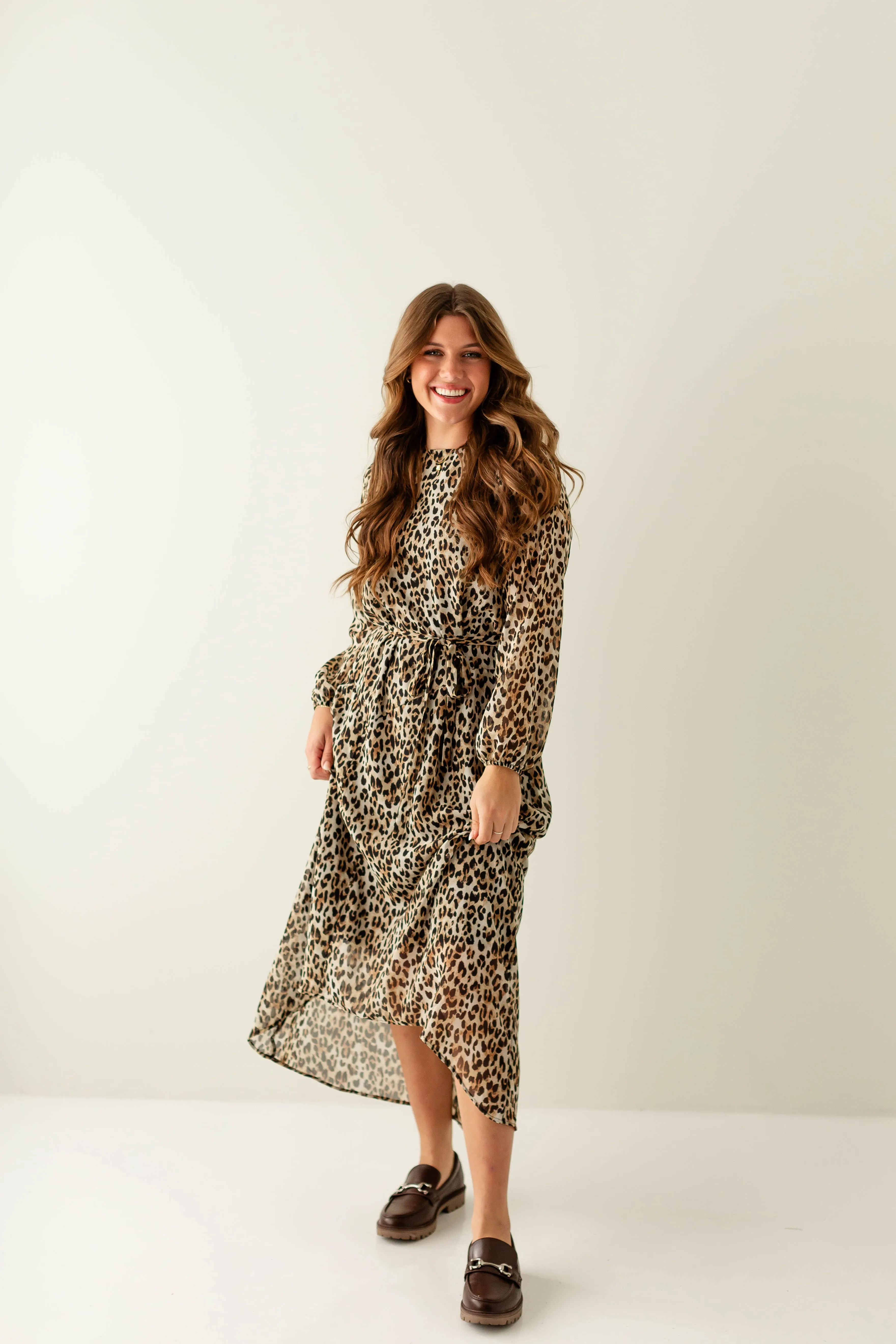 'Rhomi' Leopard Print High-Low Chiffon Dress in Beige FINAL SALE