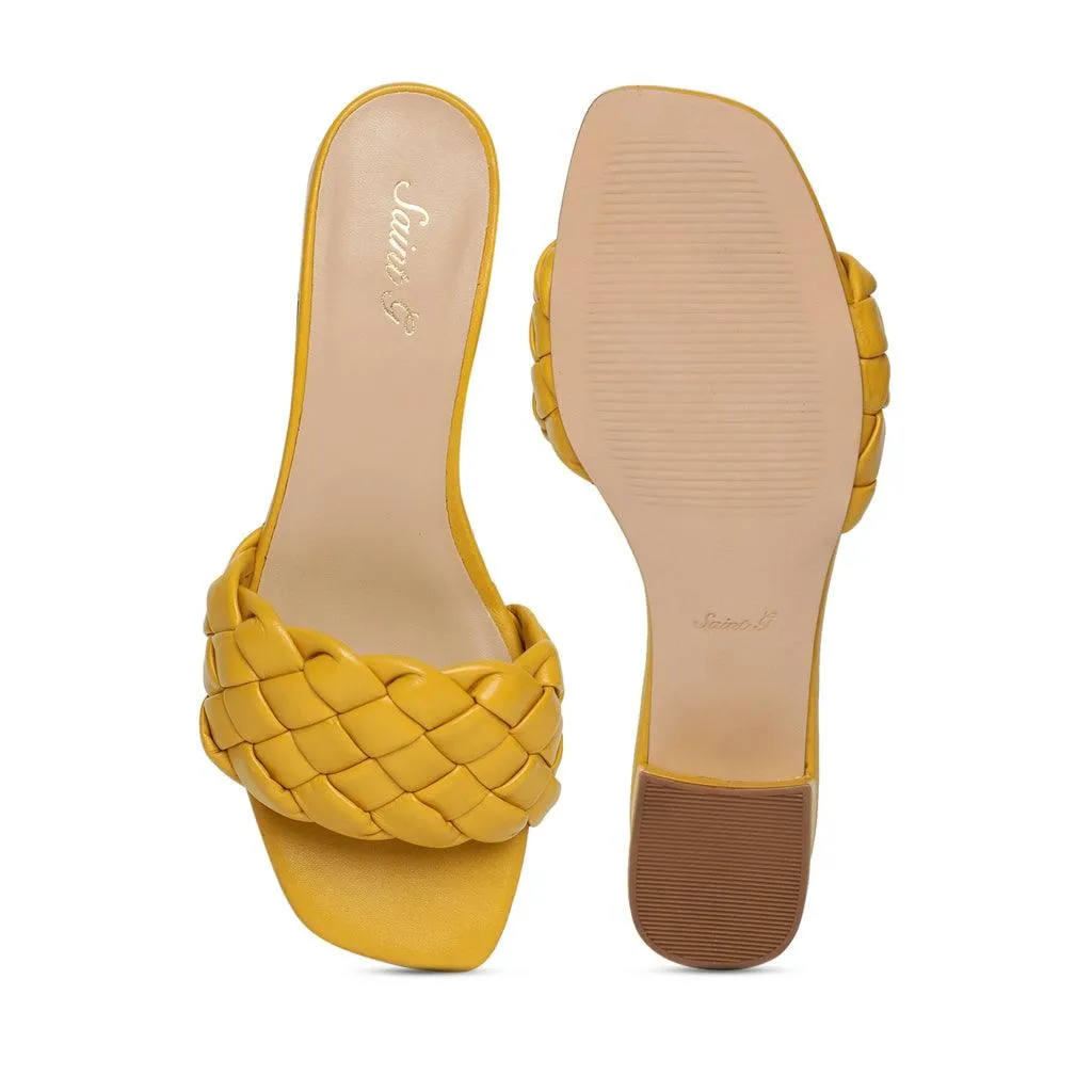 Saint Kate Yellow Leather Woven Mid Heeled Sandal