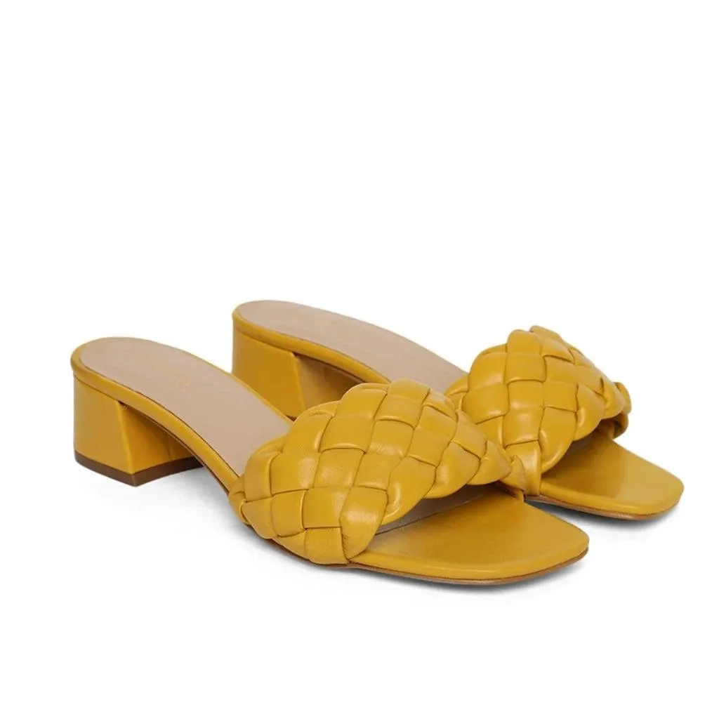 Saint Kate Yellow Leather Woven Mid Heeled Sandal