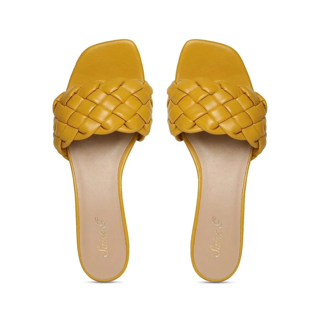 Saint Kate Yellow Leather Woven Mid Heeled Sandal
