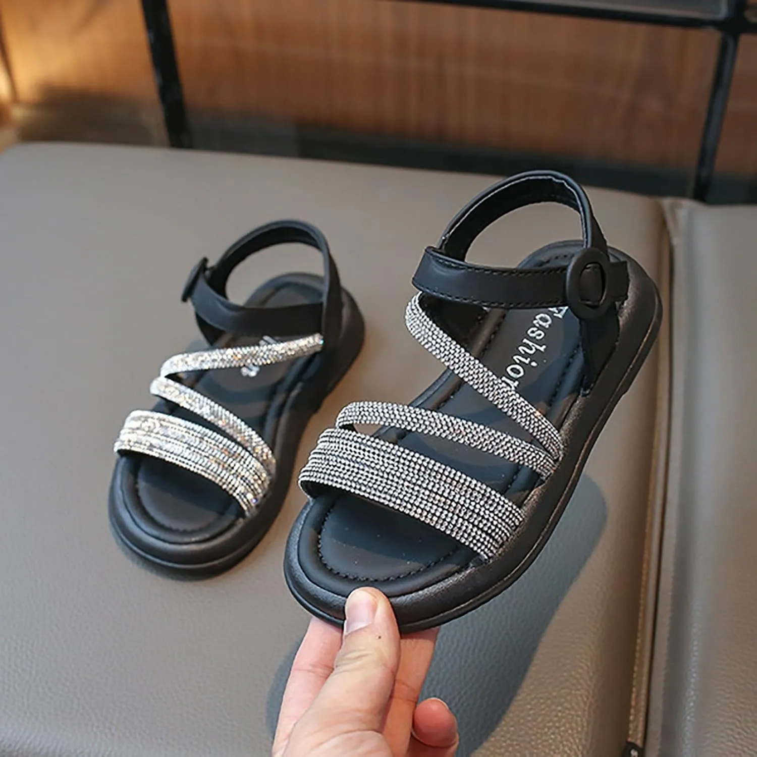 Toddler Girl Sandals Size 9 Boho Big Kids Open Toe Summer Flats Dress Shoes With Glitter Strap
