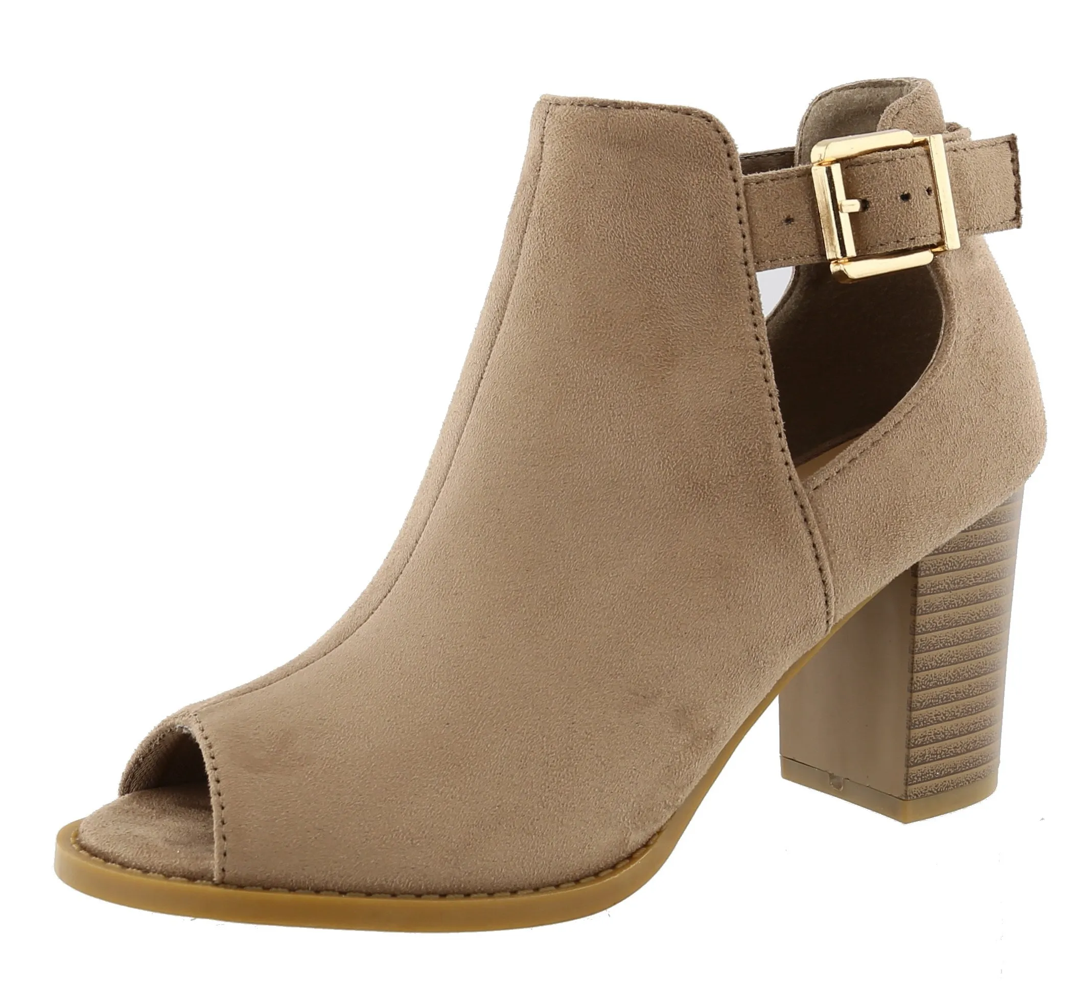 Top Moda Women's Peep Toe Cut Out Chunky Stacked Block Heel Ankle Bootie