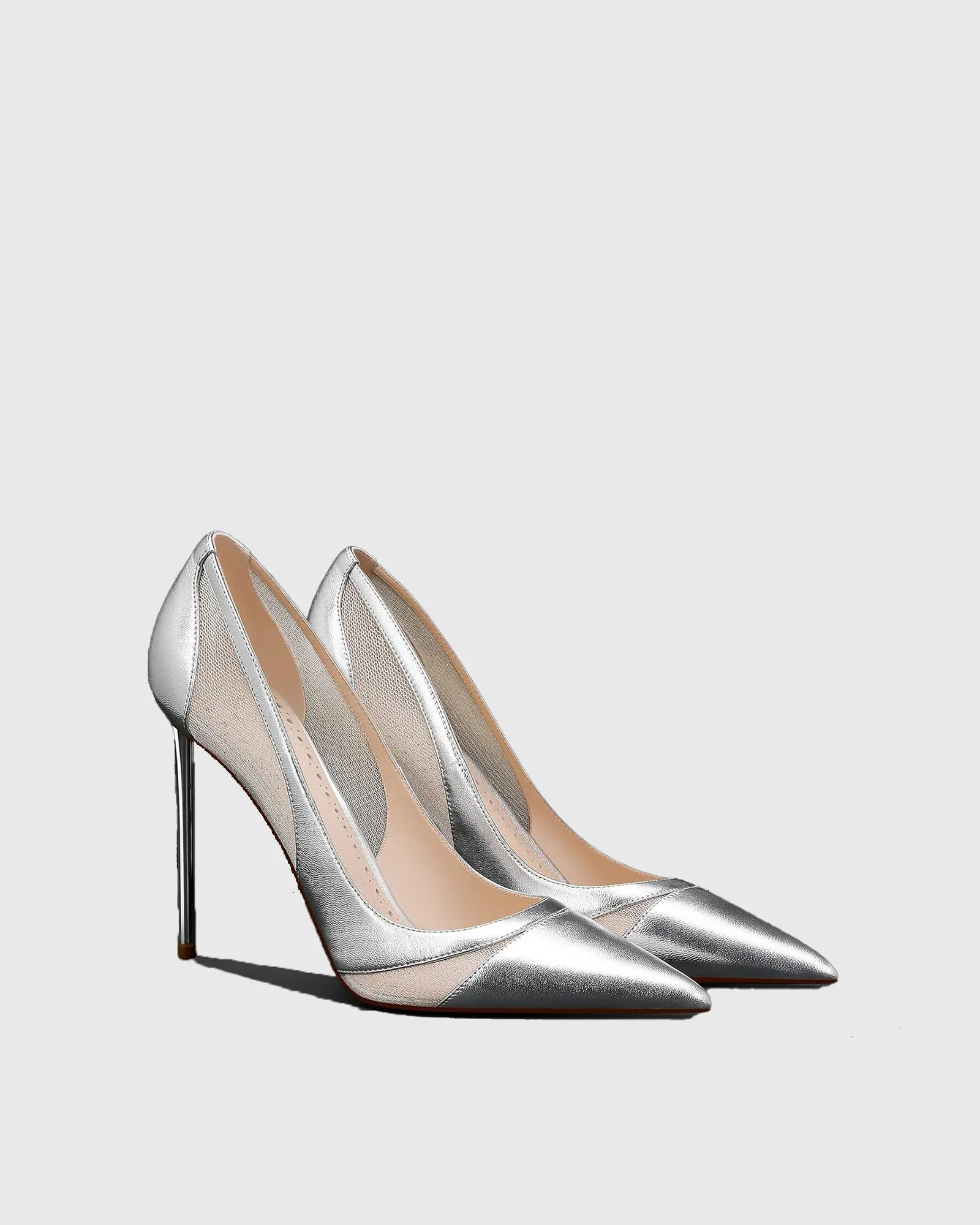 Varda Leather Mesh Splicing Pumps In Silver