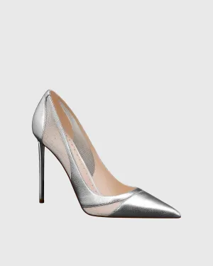 Varda Leather Mesh Splicing Pumps In Silver