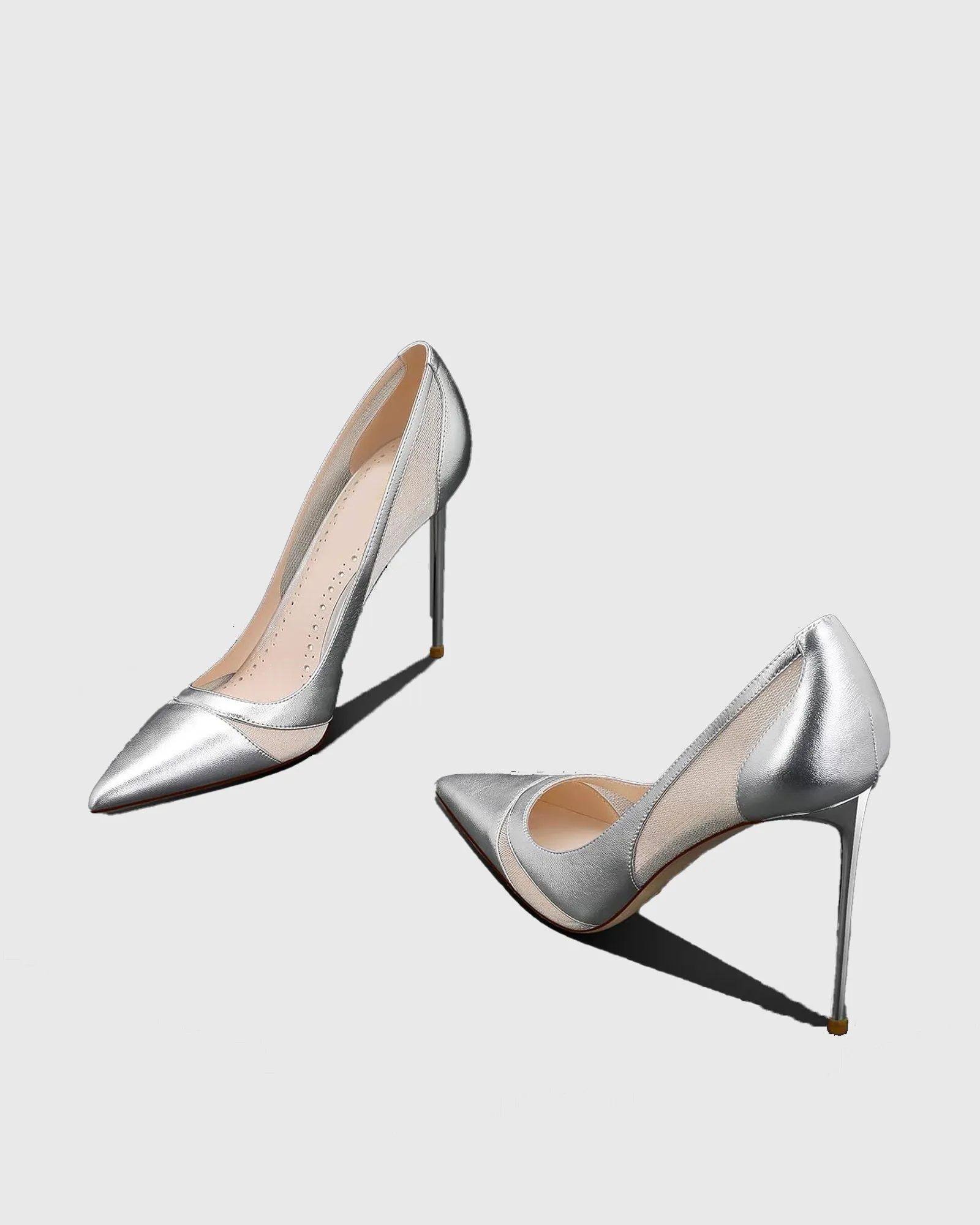 Varda Leather Mesh Splicing Pumps In Silver
