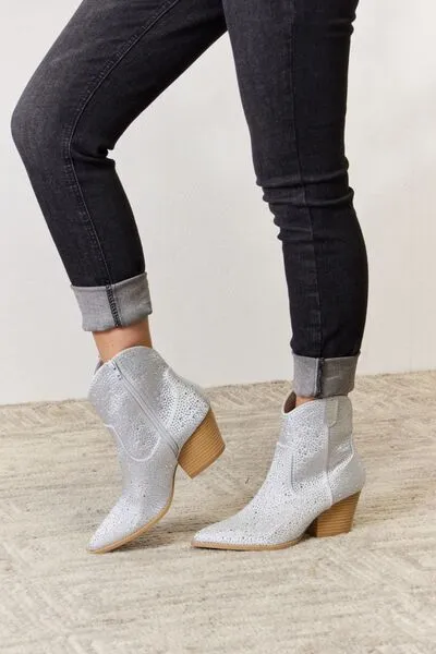 Vegan Leather Rhinestone Ankle Cowgirl Boots
