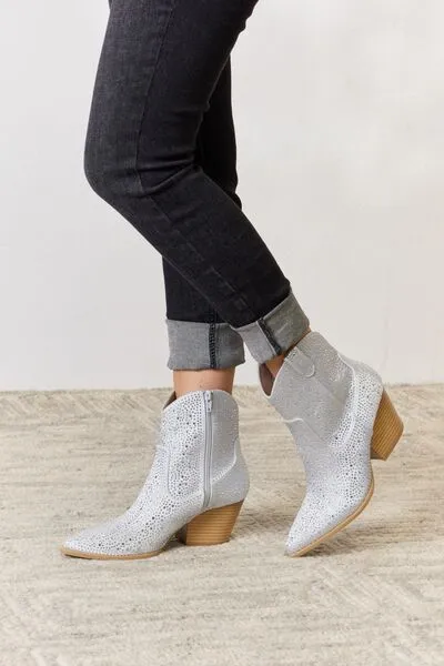 Vegan Leather Rhinestone Ankle Cowgirl Boots