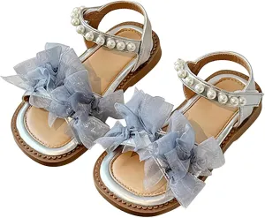 White Dress Sandals For Girls Breathable Open Toe Wedding Flower Sandals With Rubber Sole Summer Bowknot Shoes