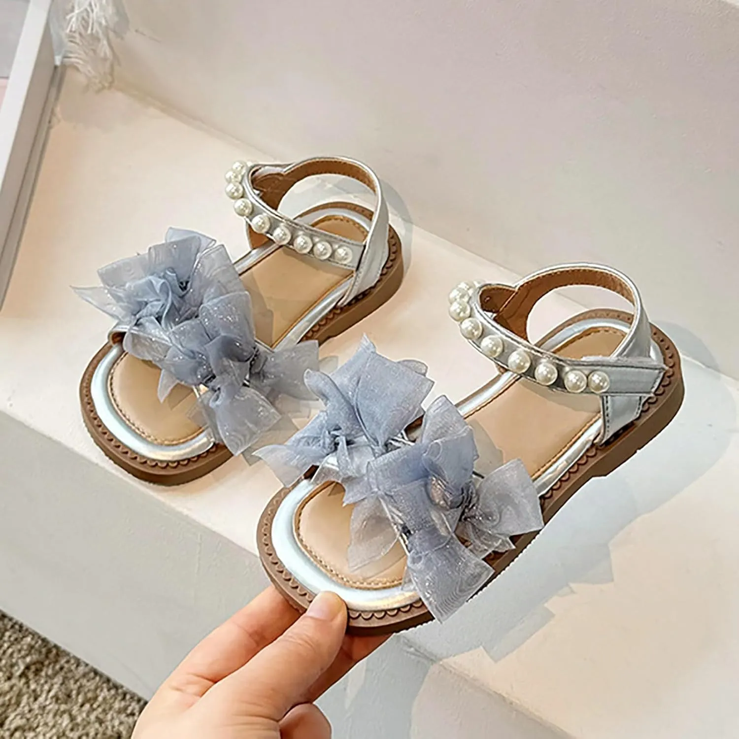 White Dress Sandals For Girls Breathable Open Toe Wedding Flower Sandals With Rubber Sole Summer Bowknot Shoes
