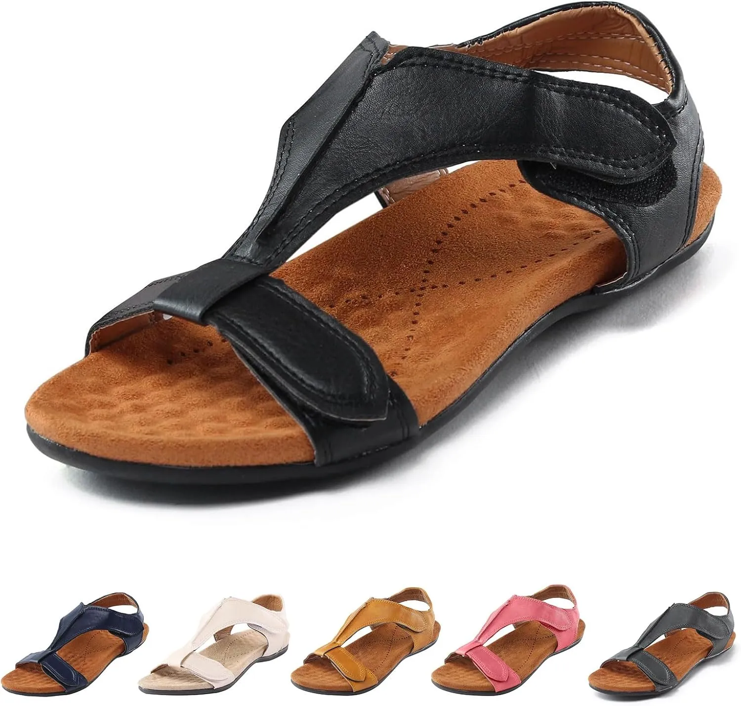 Womens Orthotic Sandals with Arch Support T-Strap Orthopedic Flat Sandals Comfortable Summer Shoes Slip On Adjustable Flat Slippers Open Toe Sandal Summer Beach Shoes